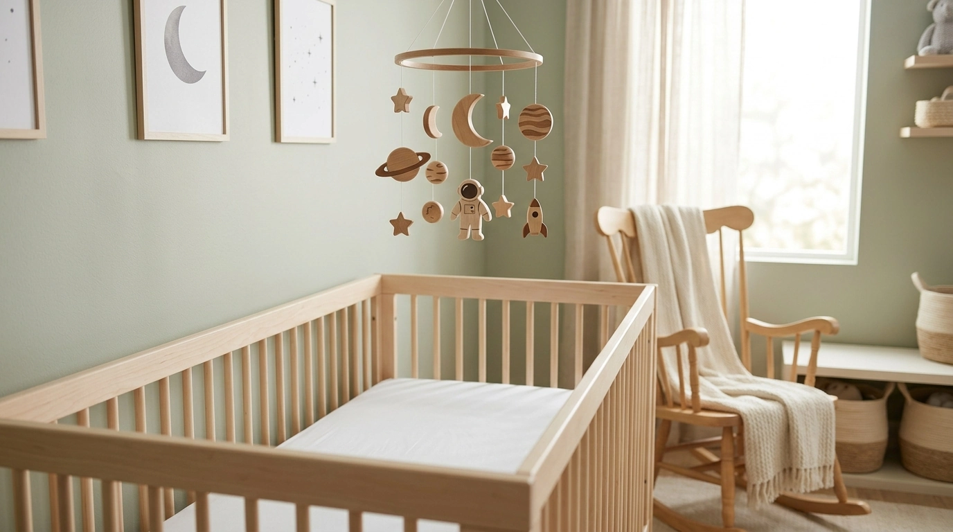 Astronaut Wooden Crib Mobile: Safe, Calm Space Nursery