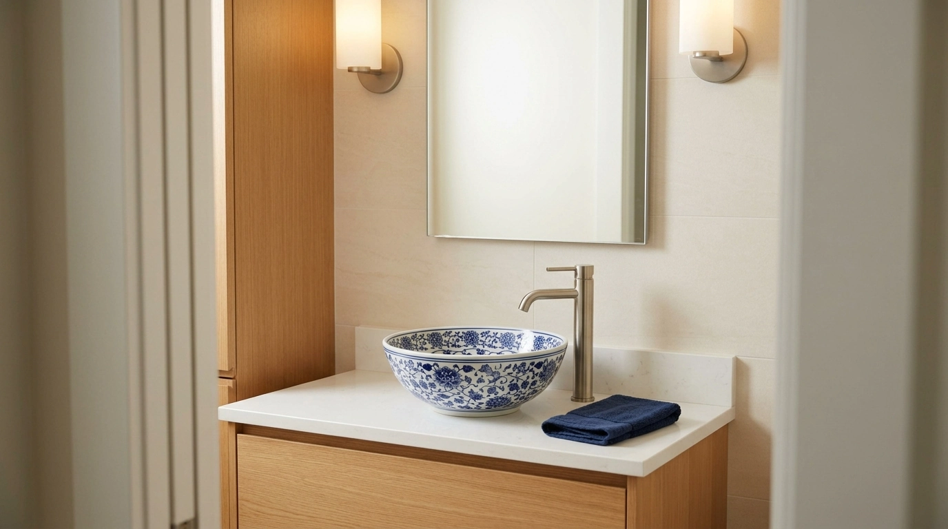 Blue Floral Ceramic Vessel Sink: Bathroom Vanity Upgrade