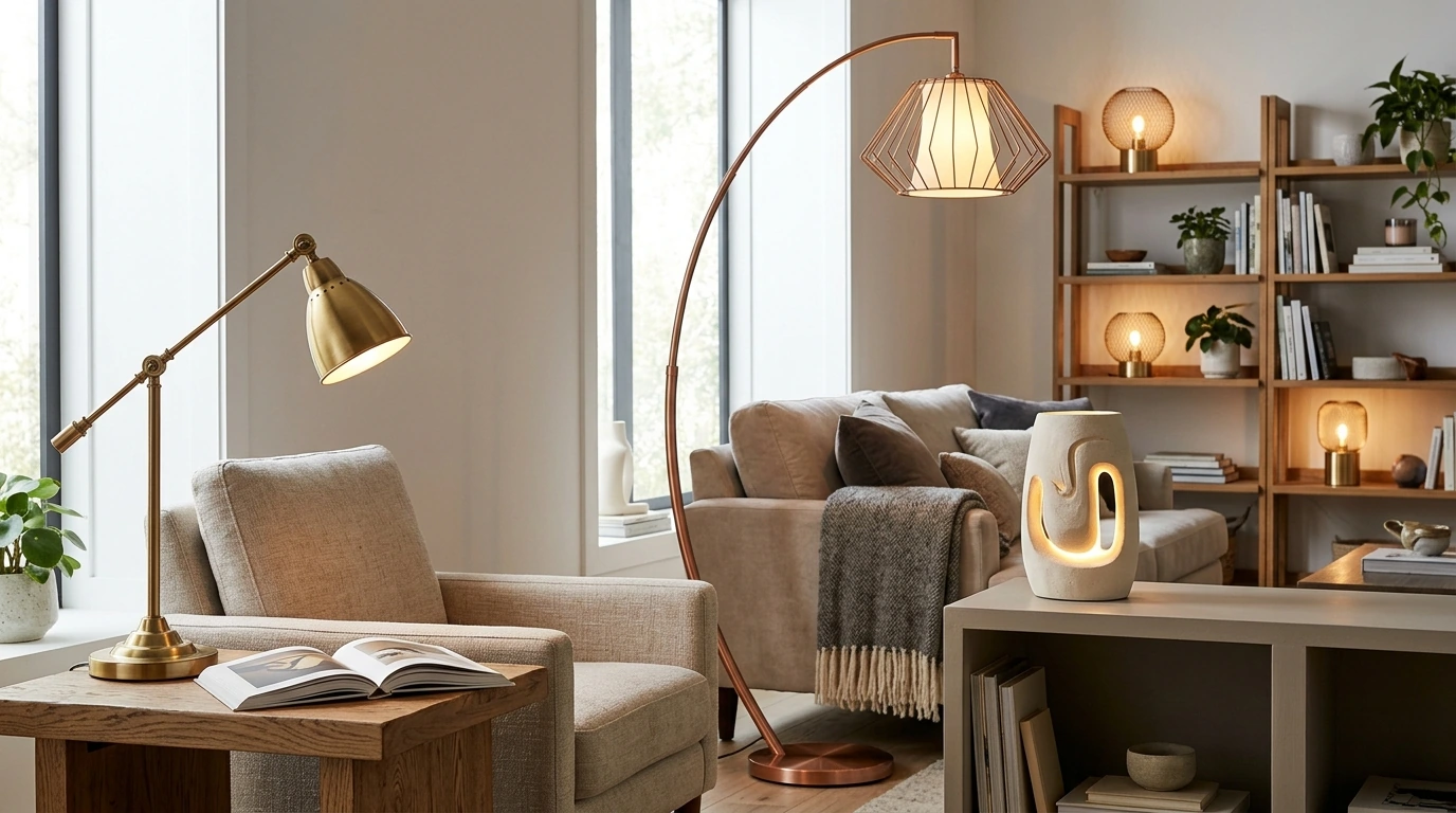 Living Room Lamp Trends: Warm Metals, Sculptural Glow
