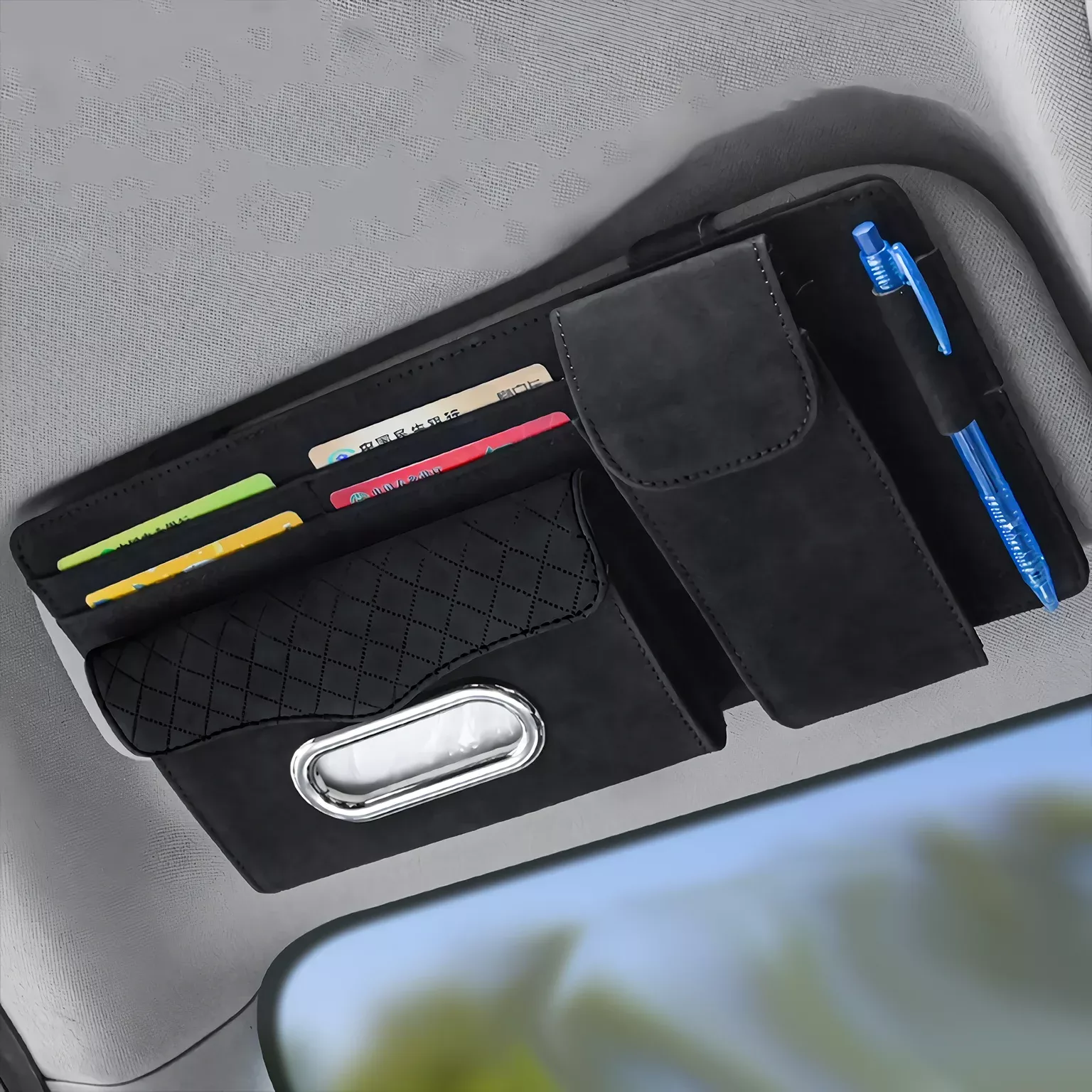 Sun Visor Organizer: Tissue Holder, Glasses & Pockets