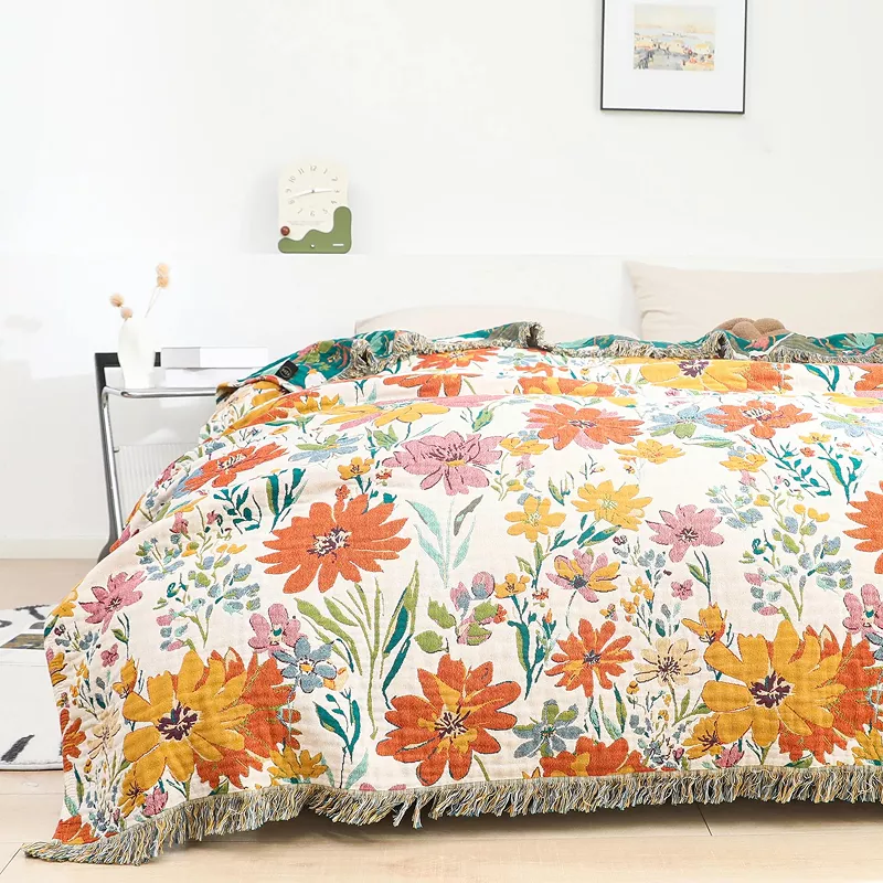 Floral Jacquard Towel Blanket: Reversible, Tassels